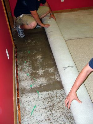 Gary's Plumbing, Inc. removing water damaged carpet before mold can grow.