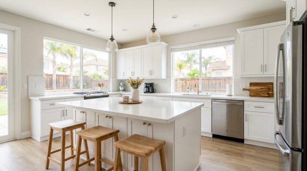 Modern white kitchen with island, wooden stools, stainless steel appliances, and large windows in an Irvine home