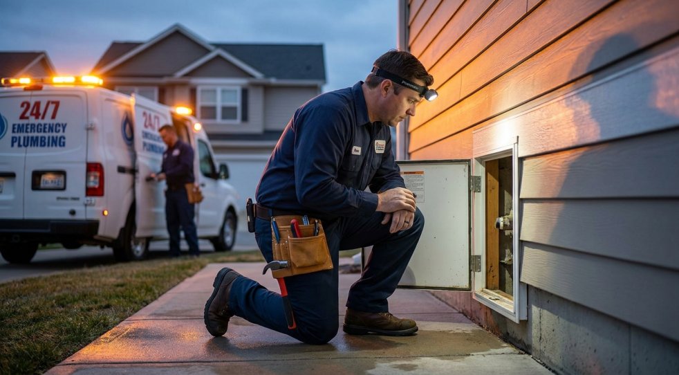 Plumber inspecting outdoor access panel at a home with emergency plumbing van in the driveway at dusk
