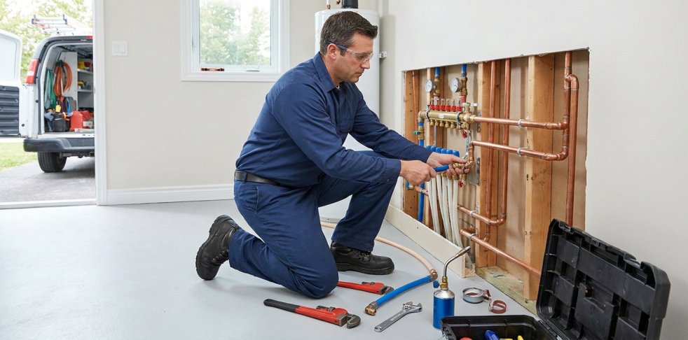 Plumber inspecting copper water pipes in a home wall with tools on the floor