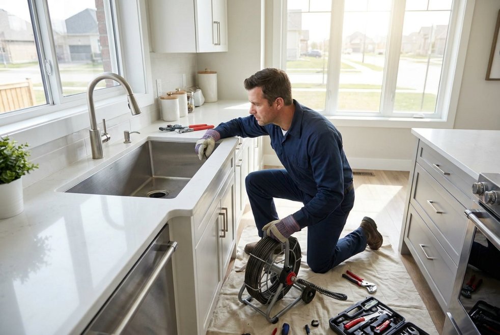 Plumber cleaning a kitchen drain with an auger in a modern home kitchen