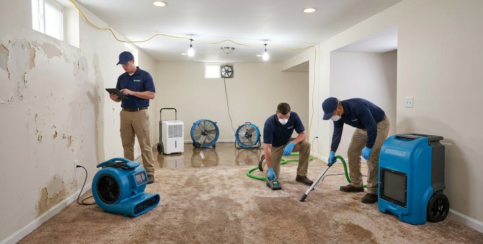 Water damage restoration crew drying a flooded room with fans, dehumidifier and moisture inspection